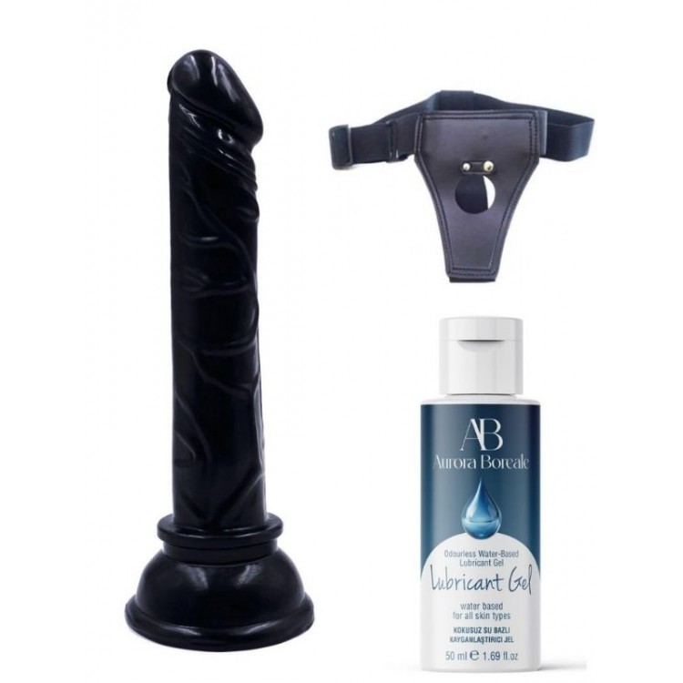 Censan Belden Bağlamalı Kayganlaştırıcı Set Siyah Renk Gerçekçi 15CM Anal Dildo